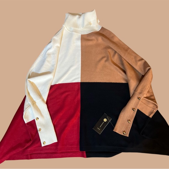 JM Collection  Petite Turtleneck Color Bloqued Buttom Trim Poncho Sweater - Picture 3 of 9